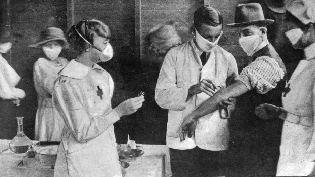 Inoculation at a special depot in Hyde Park at the height of the 1918-1919 flu epidemic in Sydney.