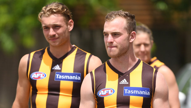 Hawthorn's Tom Mitchell broke his leg at training.