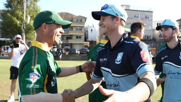 David Warner and Steve Smith playing grade cricket during their suspensions in 2018.