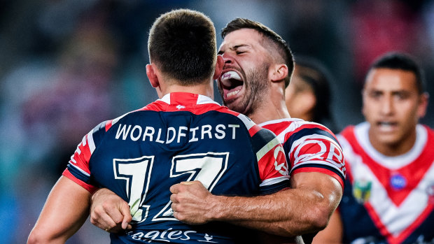 Back to his best: James Tedesco, right, feels he is hitting his straps for the Roosters.