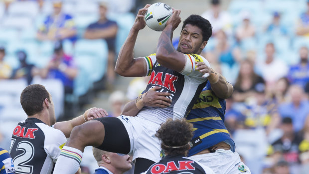 Panthers centre Waqa Blake defuses a bomb against the Eels last Sunday.