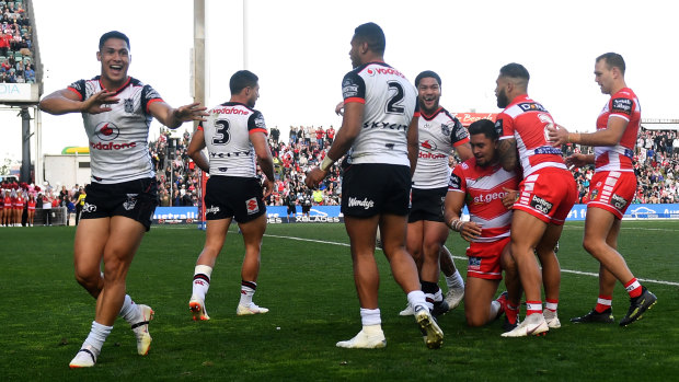 Man of the match: Roger Tuivasa-Sheck celebrates after the Dragons are denied a match-winning try in round 21.