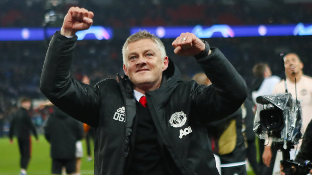 Interim Manchester United manager Ole Gunnar Solskjaer celebrates after the Champions League match against PSG.