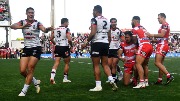 Let's dance: Roger Tuivasa-Sheck celebrates after the Dragons are denied a match-winning try.