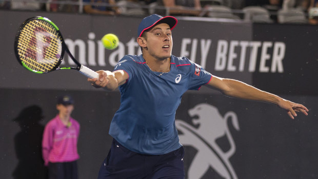 Alex De Minaur during his match against Reilly Opelka of the USA at Sydney Olympic Park Tennis Centre.
