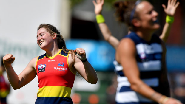 Ailish Considine of the Adelaide Crows reacts on the final siren following the Round 3 match.