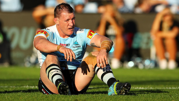 Paul Gallen can't believe what's just happened after the Sharks lost in extra time. 
