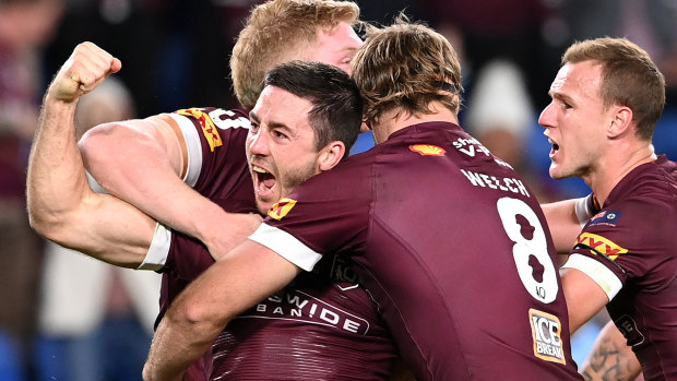 Ben Hunt celebrates one of his two tries on Wednesday night.