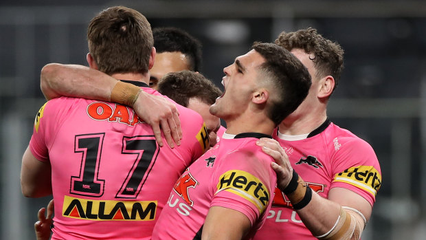 Nathan Cleary and the Panthers celebrate Dylan Edwards' try.
