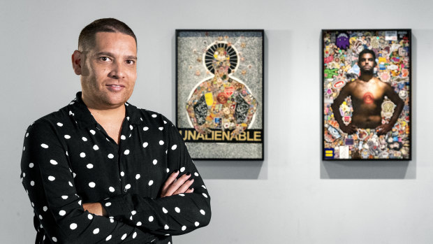 Artist Tony Albert with his works Brothers (Unalienable) and Brothers (New York Dreaming) 2015