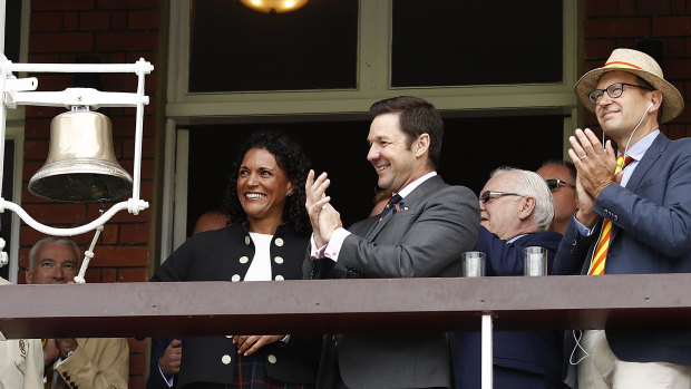 Mel Jones rings the five-minute bell at Lord's during the Ashes series this year.