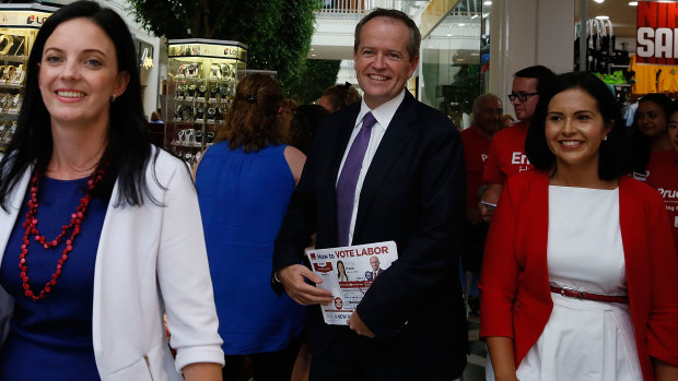 Labor leader Bill Shorten visits Penrith with Emma Husar (left) and Prue Car (right) in March 2015.