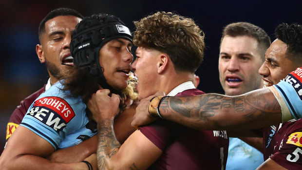 Jarome Luai and Reece Walsh lock horns during Origin two last year before both were sent off.