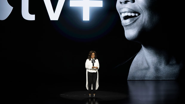 Oprah Winfrey speaking at the launch of Apple TV+ in Cupertino, California.