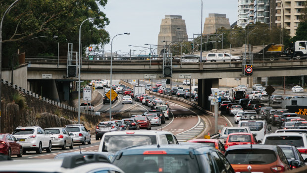 Traffic banked up on the Cahill Expressway at the height of the incident on the bridge. 