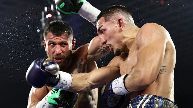 Teofimo Lopez (right) on his way to victory over Vasiliy Lomachenko in October.