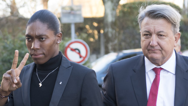 Semenya and her lawyer Gregory Nott, right, arrive for the hearing at the Court of Arbitration for Sport.