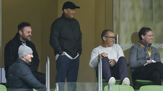 Wallabies coach Eddie Jones, centre, at AAMI Park with assistants David Rath (second from right) and Brett Hodgson (right).