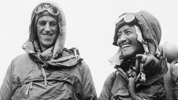 Edmund Hillary of New Zealand, left, and Tenzing Norgay of Nepal show the kit they wore when conquering the world's highest peak in 1953.