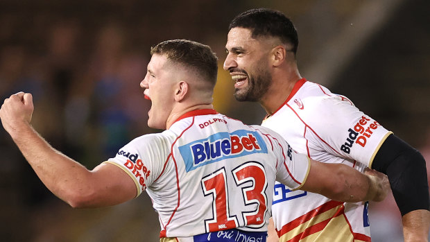 Jesse Bromwich and Tom Gilbert celebrate.