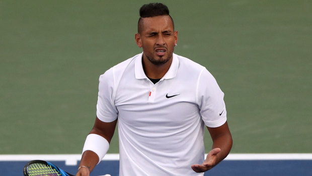 Nick Kyrgios in action during his second round match against Antoine Hoang.