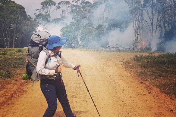 Wynter during the Omeo-to-Scrubby Creek 22 kilometre hike in Victoria during backburning. 