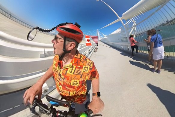 Mark Wedel, 59, from Kalamazoo in Michigan, cycled over the new Gordie Howe International Bridge during the first week after opening.