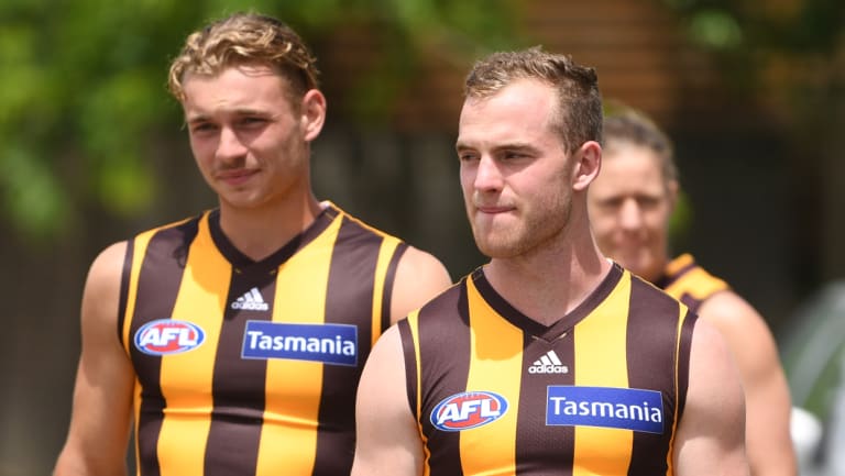 Hawthorn's Tom Mitchell (front) is keen to work with Sam Mitchell.