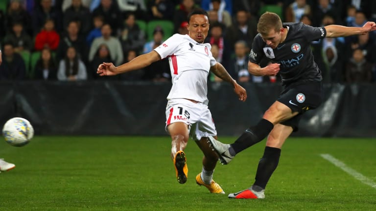Riley McGree of Melbourne City scores during the FFA Cup quarter-final.