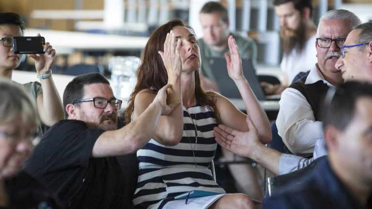 Catherine Cumming celebrates after winning an upper house seat. 