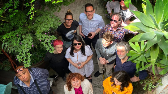 Uncle Kutcha Edwards, Bakehouse studios owners Helen Marcou and Quincy McLean, Creative Industries Minister Steve Dimopoulos and Richmond candidate Lauren O’Dwyer, and performers and supporters of Bakehouse.