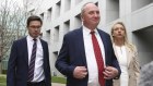 Nationals David Littleproud, Barnaby Joyce and Bridget McKenzie front the media after Joyce prevailed in a party room ballot on Monday.