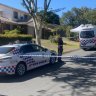 The crime scene in Stretton, in Brisbane’s south, where two people were found dead and a man was taken into custody on Monday, August 8, 2022.