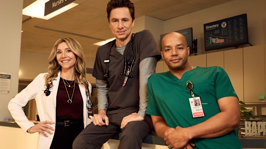 Sarah Chalke as Elliot Reid, Zach Braff as John ‘JD’ Dorian, and Donald Faison as Christopher Turk.