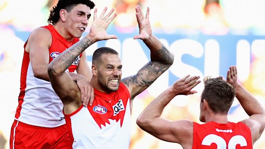 Lance Franklin celebrates one of his two goals in Saturday’s win over Collingwood.