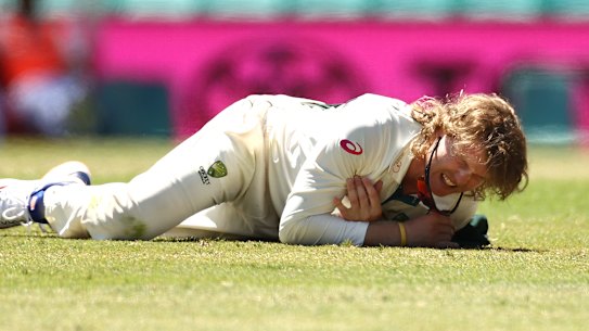 Will Pucovski injures his shoulder  diving for the ball.