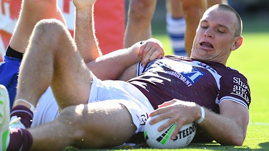 Tom Trbojevic scores his contentious second-half try.