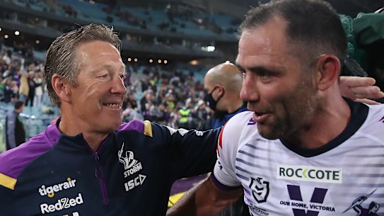 Back on top ... Craig Bellamy and Cameron Smith at ANZ Stadium on Sunday night.