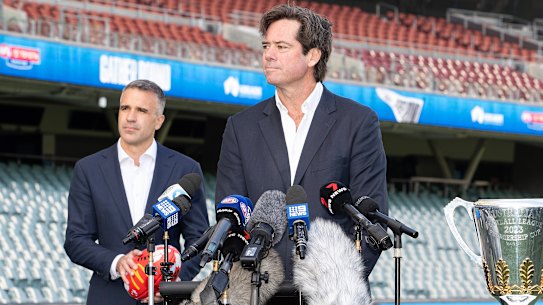 Premier of South Australia Peter Malinauskas with AFL CEO Gillon McLachlan at the launch of Gather Round at Adelaide Oval.