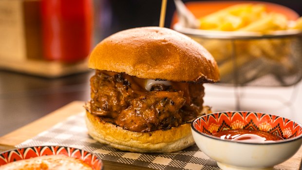 The butter chicken burger at Tiffin Box.
