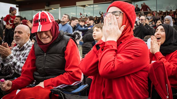 So close but so far: Turkish Australians react to a near-goal from Turkey as they watch the Australia-Turkey World Cup game on the big screen at Nasiol Stadium, in Broadmeadows.