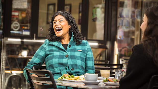 Samantha Ratnam is approached by a local as she lunches in the heart of Coburg’s Victoria Mall.