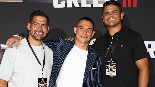 Tim Tszyu with Rabbitohs stars Cody Walker and Latrell Mitchell.