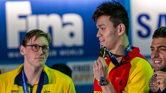 Mack Horton kept his distance from Sun Yang during the medal presentation at the Gwangju 2019 FINA World Championships,