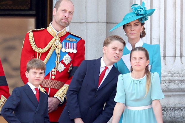 Prince William, Prince of Wales, Prince George of Wales, Princess Charlotte of Wales and Catherine, Princess of Wales on the balcony of Buckingham Palace during Trooping The Colour 2025 on June 14, 2025 in London, England. 
