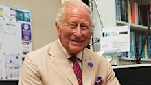 King Charles III, Lord of Mann, meets Burma veteran James Fenton, 104, during a visit to the Heroes On The Water charity