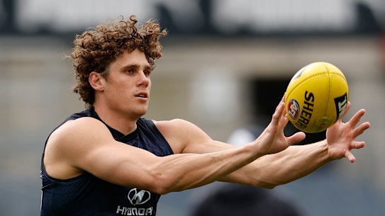 Charlie Curnow trains at the weekend as he pushes to return to Carlton’s team for the elimination final.