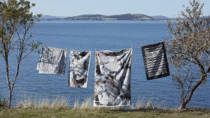 Pieces from the ‘Territory’ component of the Innate textile collection sway in a maritime breeze on Bruny Island.