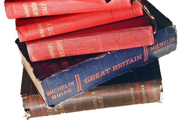 Old Travel Books. travel guides. red spines: Baedecker’s travel guides. blue spine: Michelin guide - Great Britain.