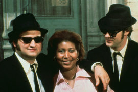 John Belushi, Aretha Franklin and Dan Aykroyd on the set of The Blues Brothers.